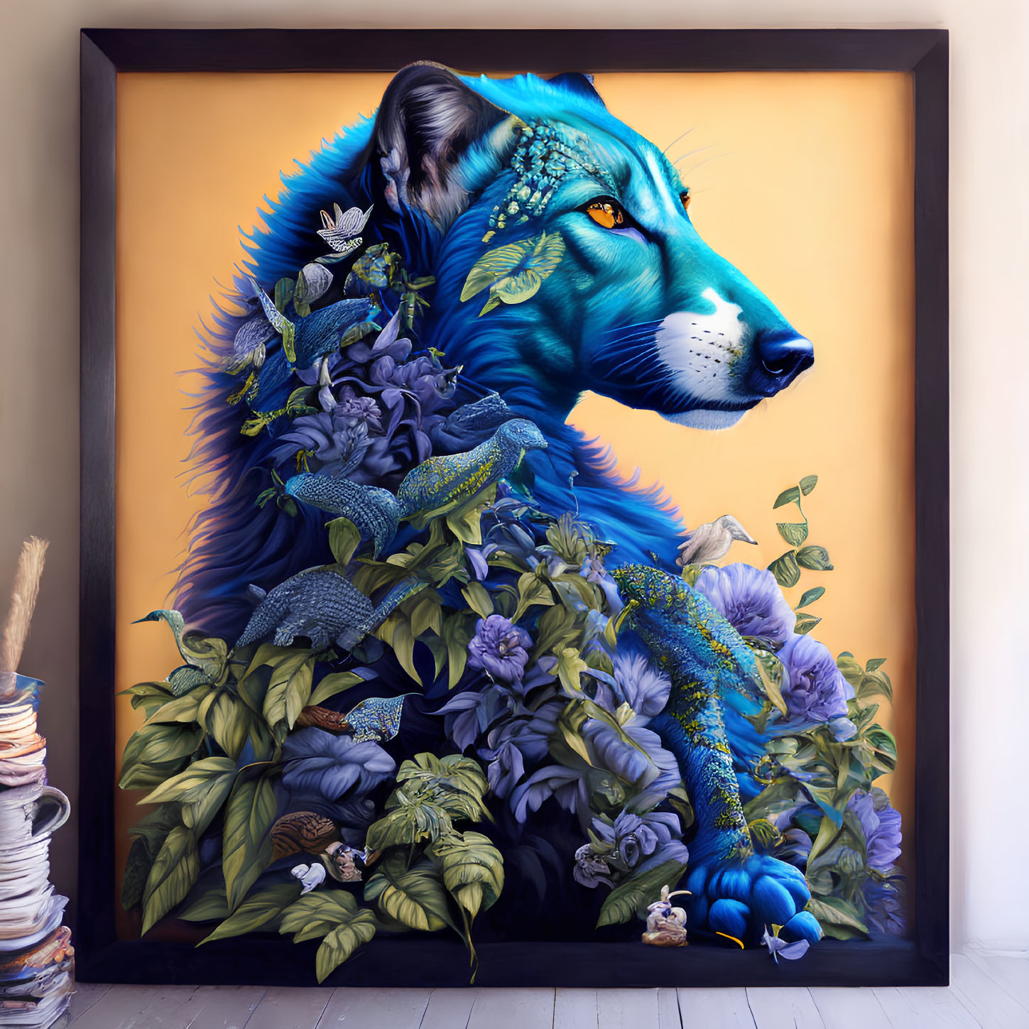 Detailed Blue Wolf Illustration Surrounded by Flora and Fauna on Wall