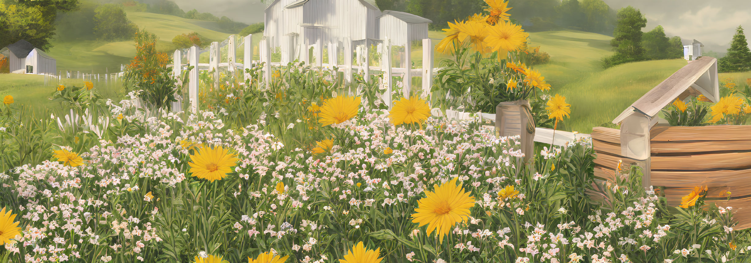 White Wooden Church in Vibrant Meadow with Yellow Wildflowers