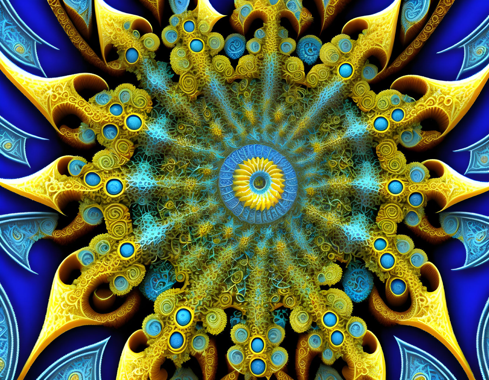 Colorful Fractal Image with Yellow Patterns on Blue Background