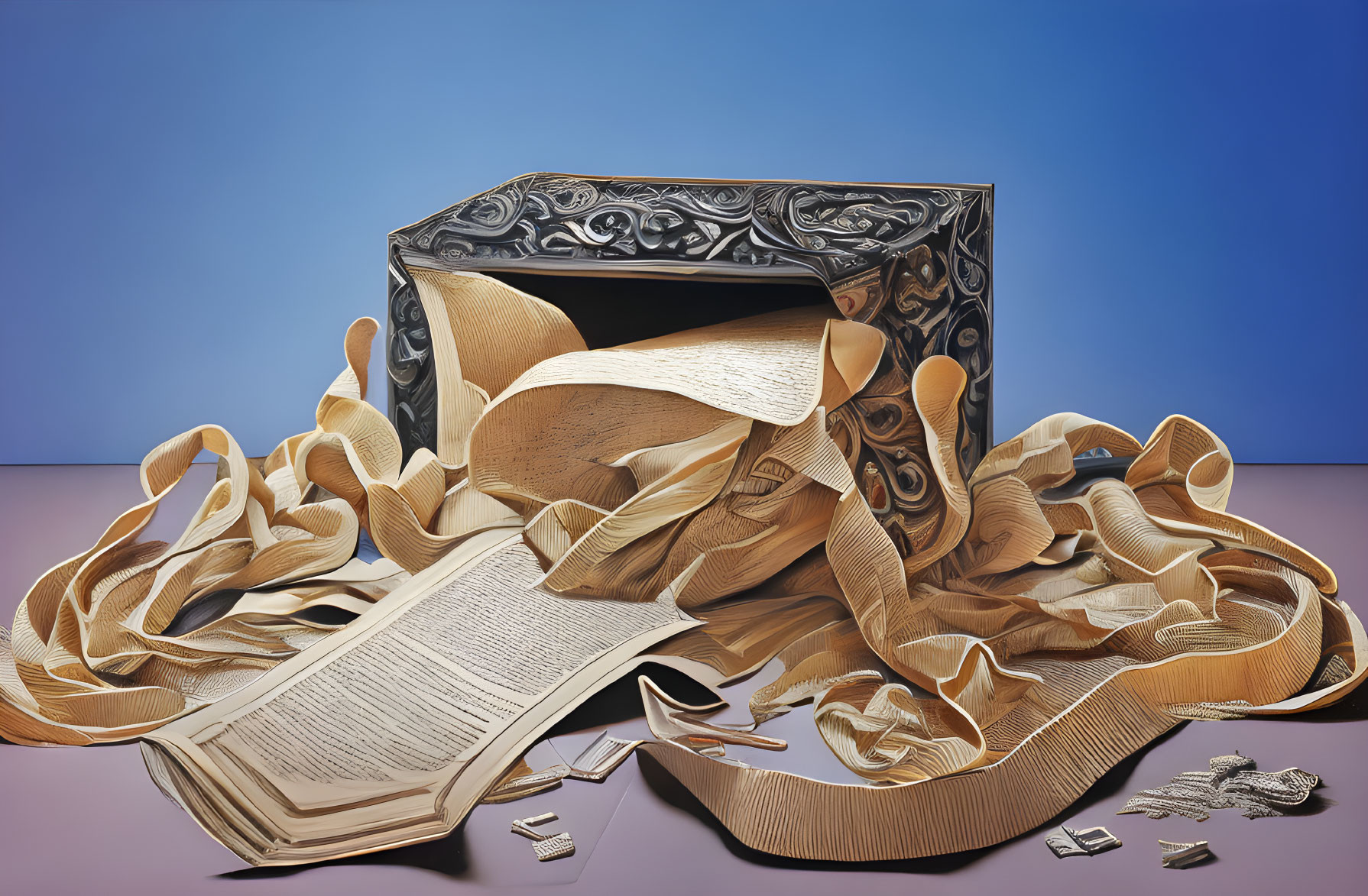 Ornate box spilling ribbon-like paper and shredded book pieces on blue gradient background