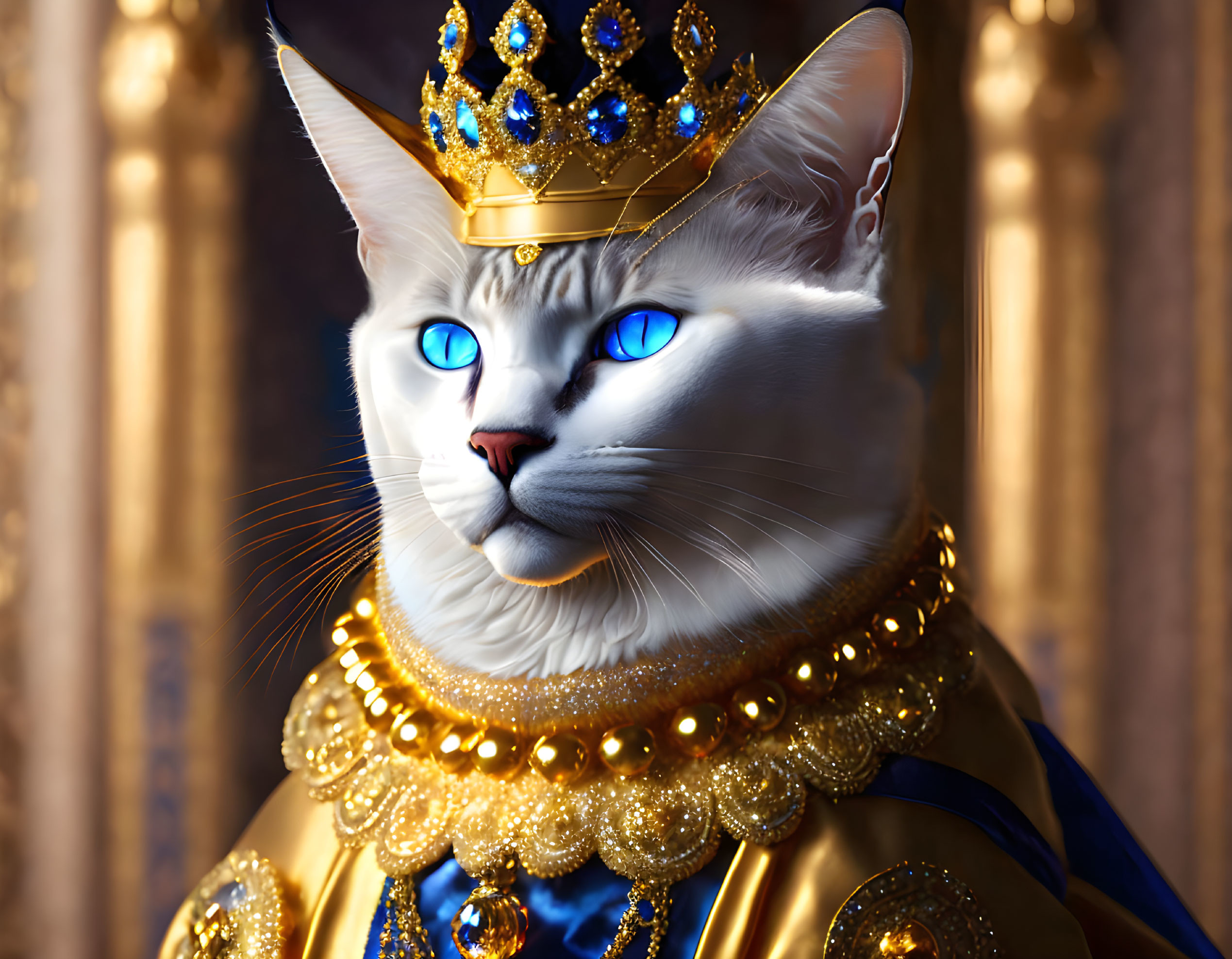 White Cat Wearing Golden Crown and Regal Attire