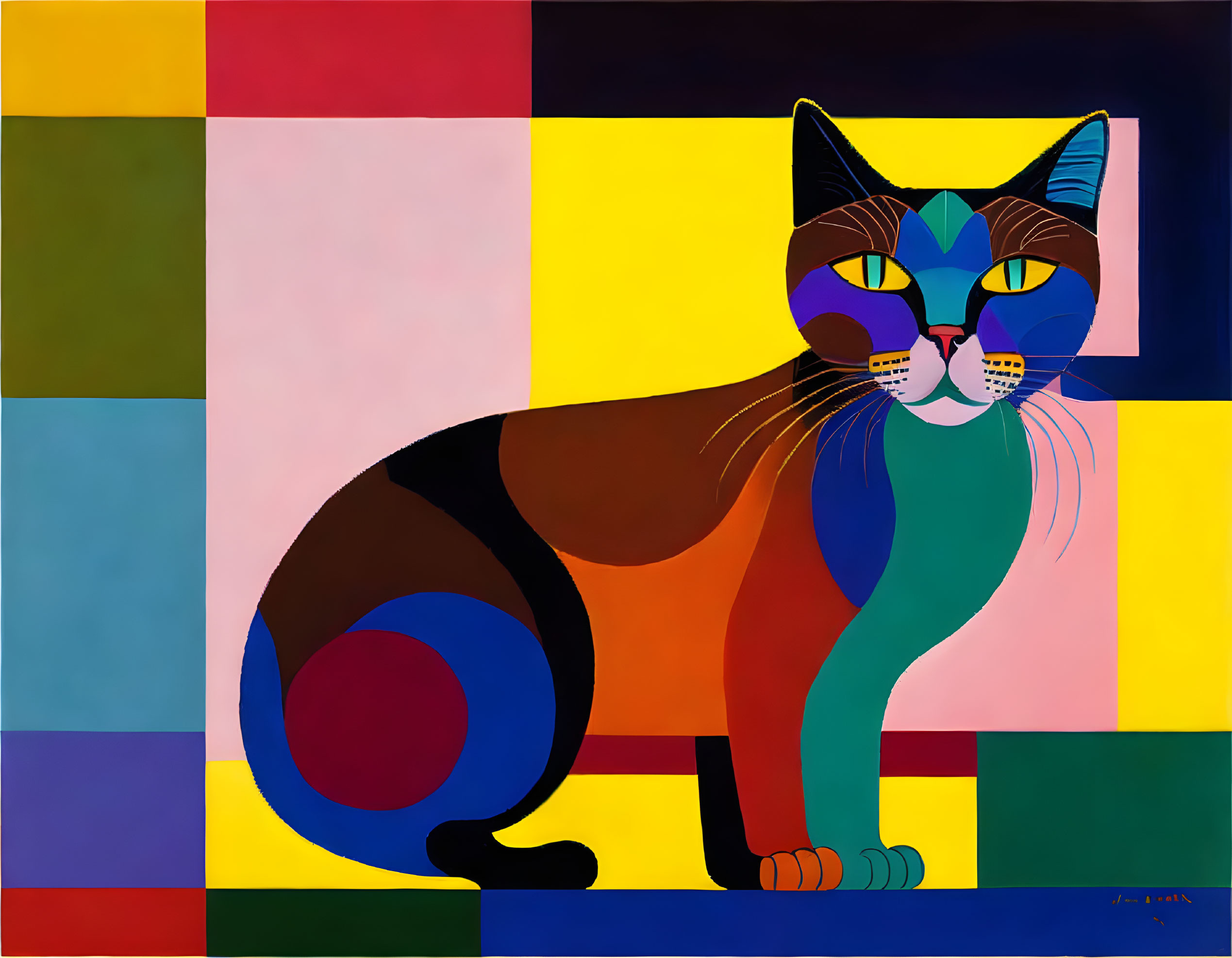 Abstract Cat Painting with Multicolored Face on Geometric Background