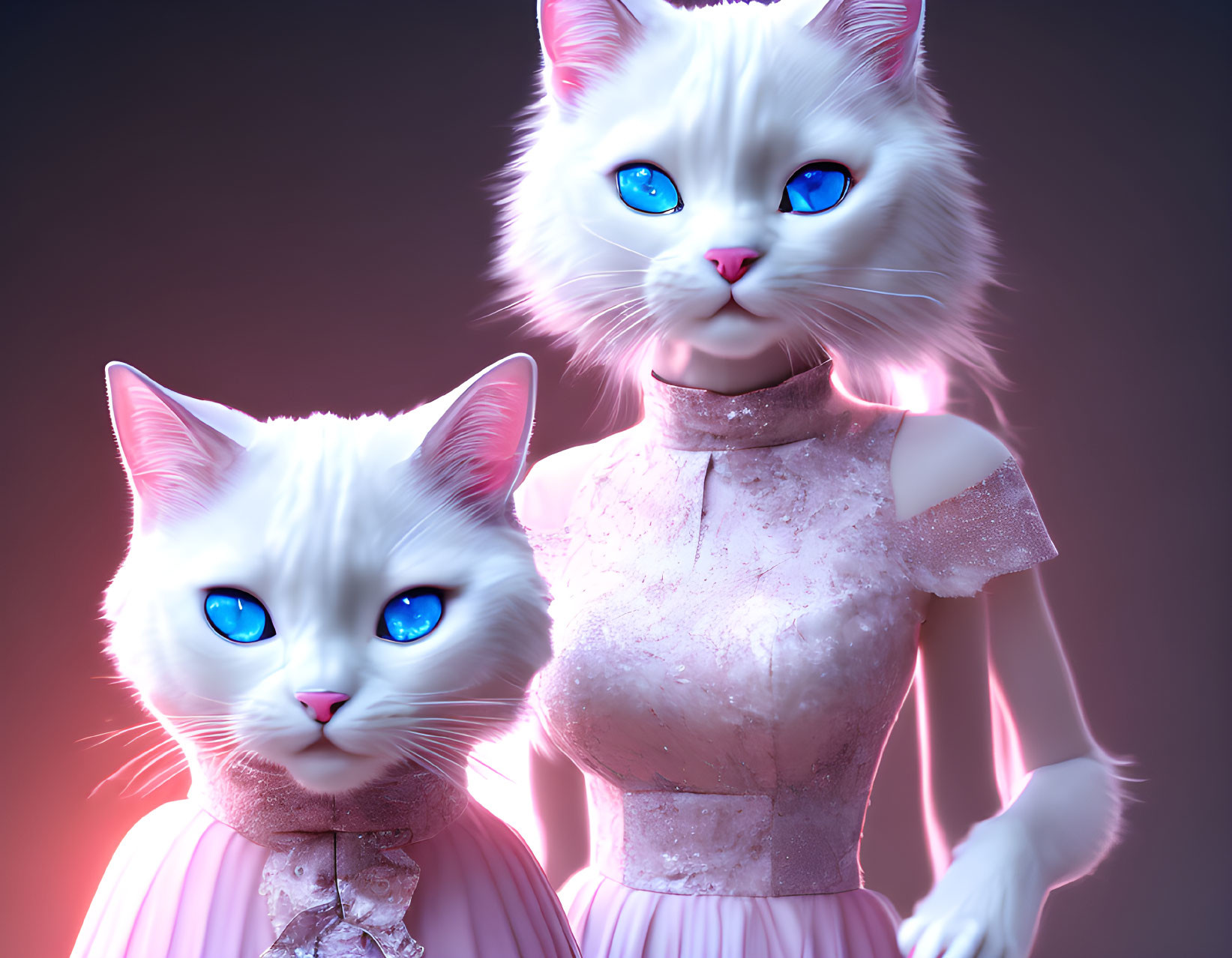 Anthropomorphic white cats in elegant pink attire against moody backdrop