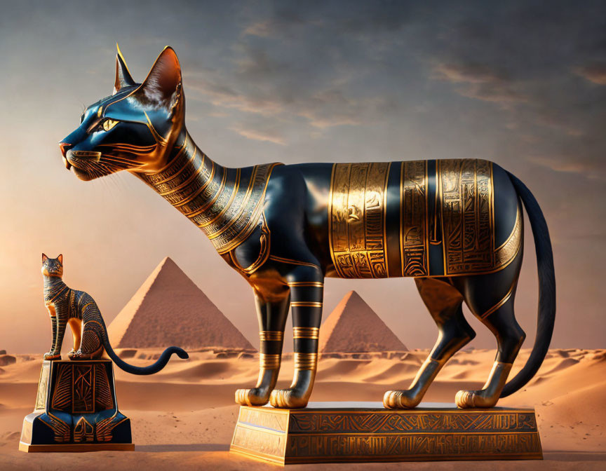 Ornate Egyptian-style cat statues with pyramids in background