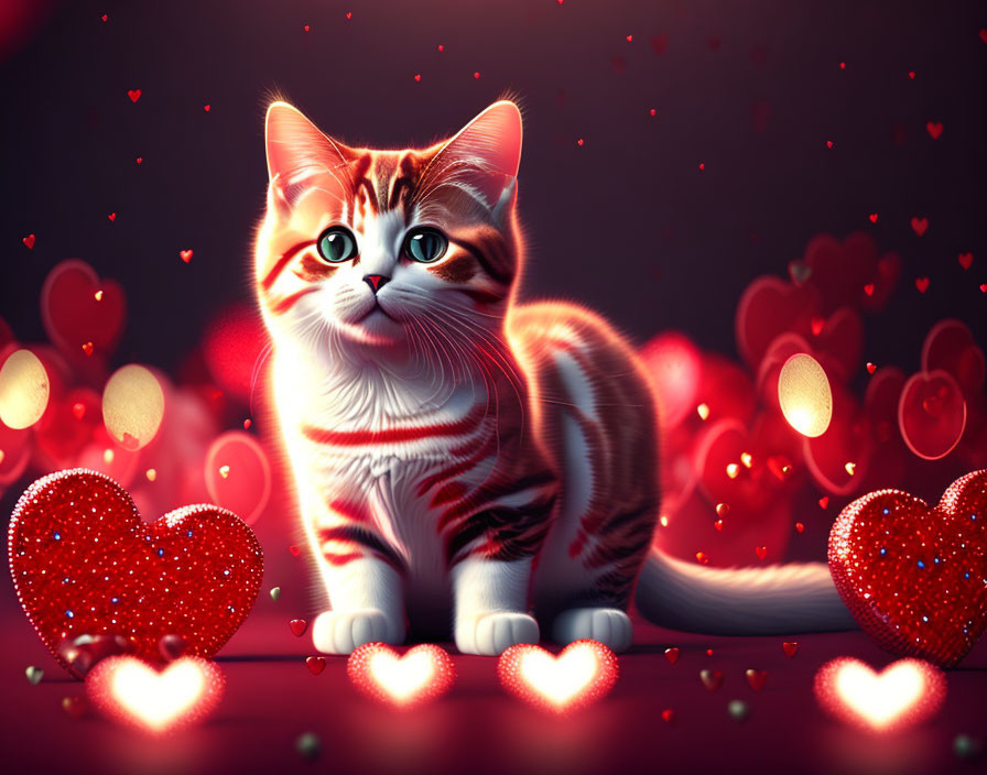 Adorable Cat Digital Illustration with Glowing Hearts