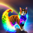 Vibrant Cat Illustration with Rainbow Tail in Cosmic Sky