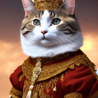 Blue-eyed cat in golden crown and regal attire with intricate embroidery.