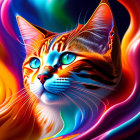 Colorful Cat Illustration with Blue Eyes and Abstract Swirls