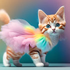 Fluffy Orange and White Kitten in Colorful Tutu on Soft Background