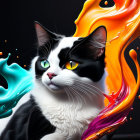 Black and white cat with yellow eyes on vibrant liquid art background