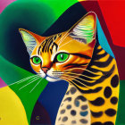 Colorful Cat Painting with Green Eyes and Abstract Background