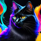 Colorful digital artwork: Black cat with yellow eyes in rainbow environment