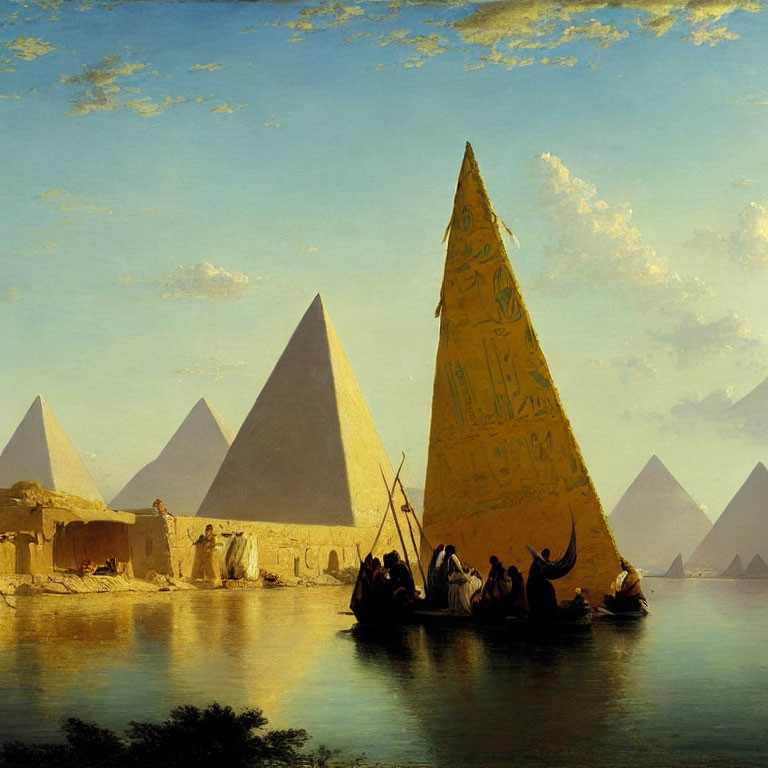 Egyptian river scene with obelisk, pyramids, and boat under blue sky