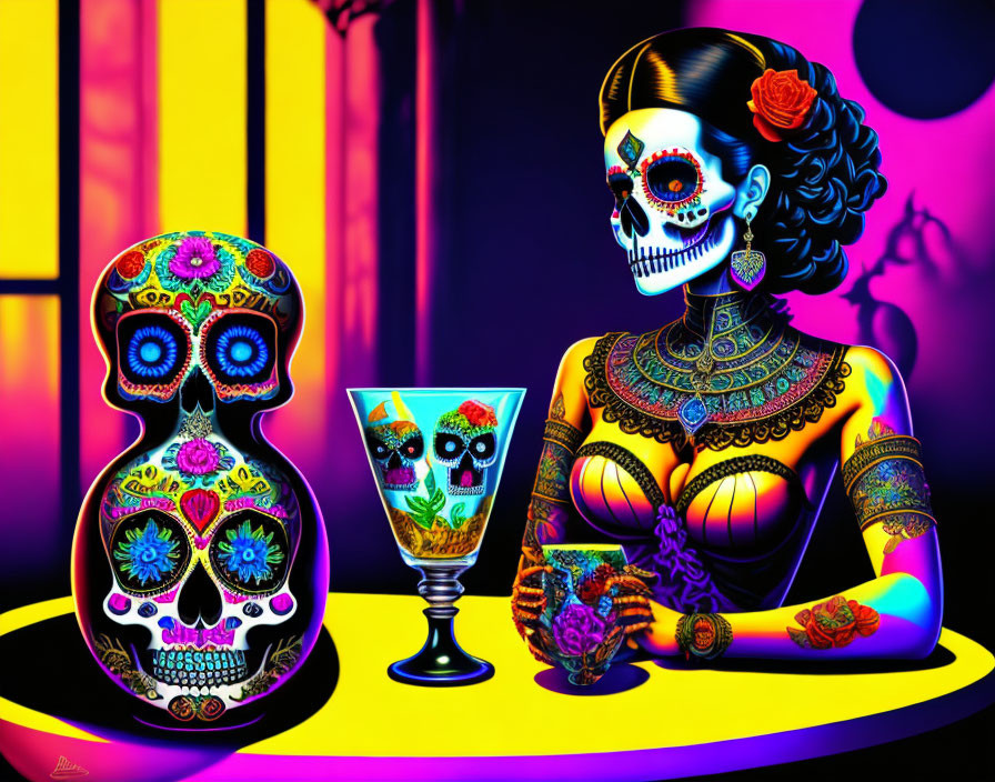 Colorful artwork of woman with Day of the Dead makeup holding skull and cup