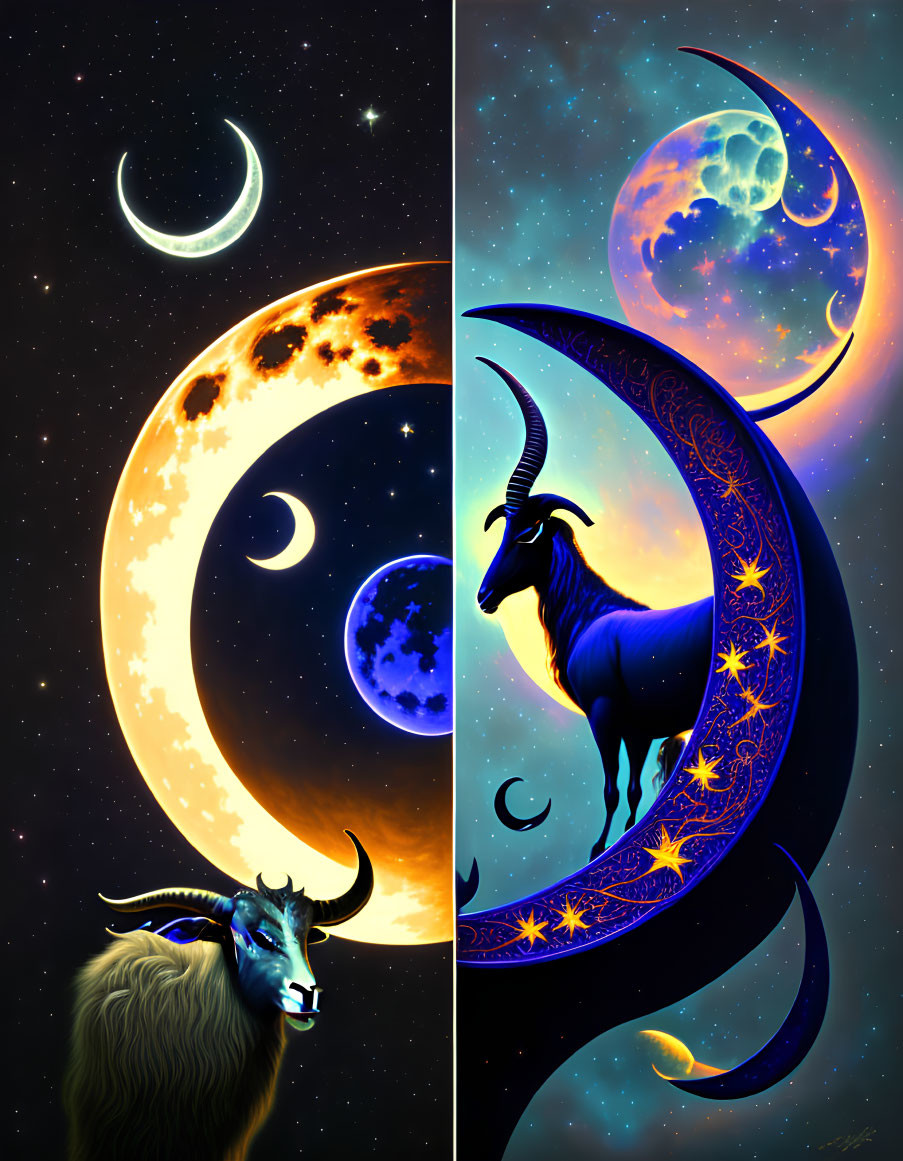 Illustration of crescent moon, stars, and fantastical goat under celestial sky