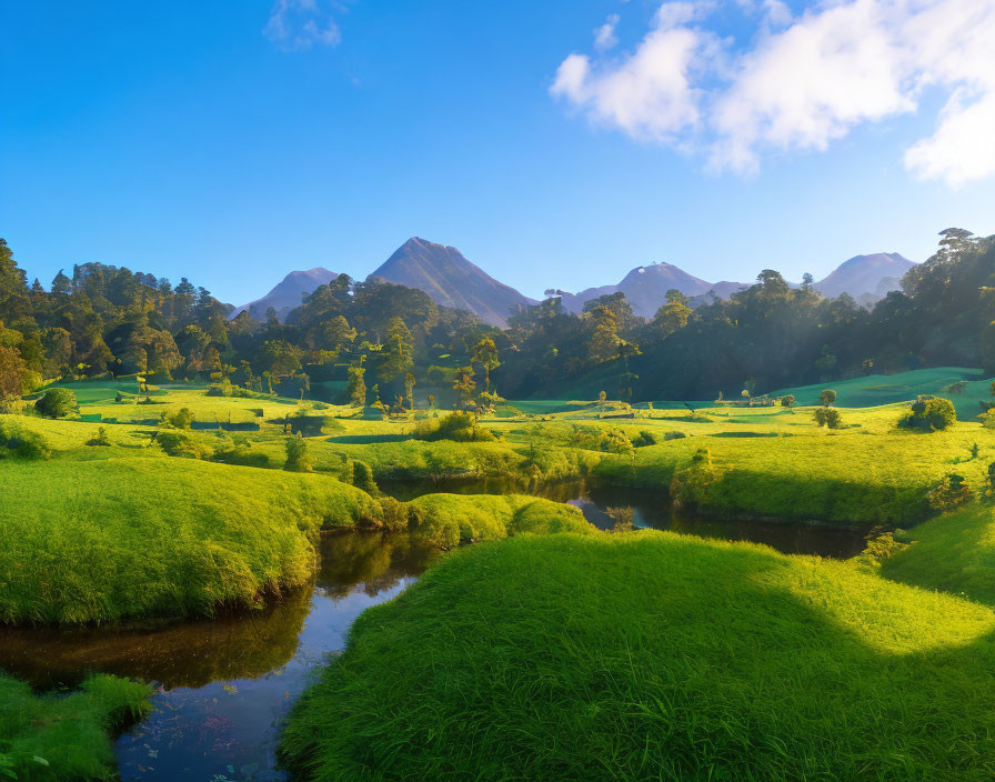 Scenic landscape with green meadows, trees, river, and mountains