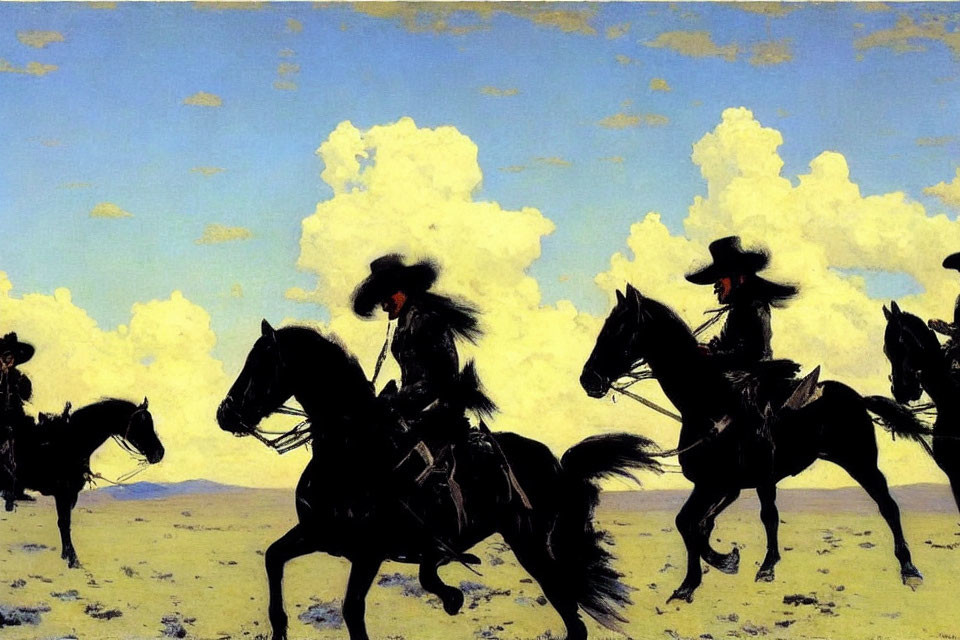 Cowboys on Horseback Galloping Across Prairie Under Cloudy Sky