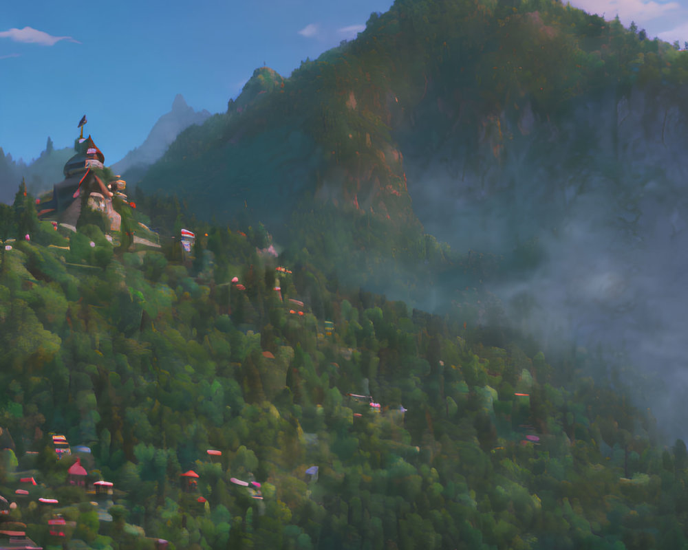 Misty forested mountain with castle, houses, and river landscape