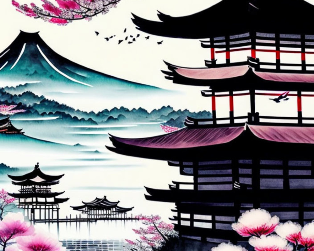Japanese Art: Pagodas, Cherry Blossoms, Misty Mountains, Lake, Birds
