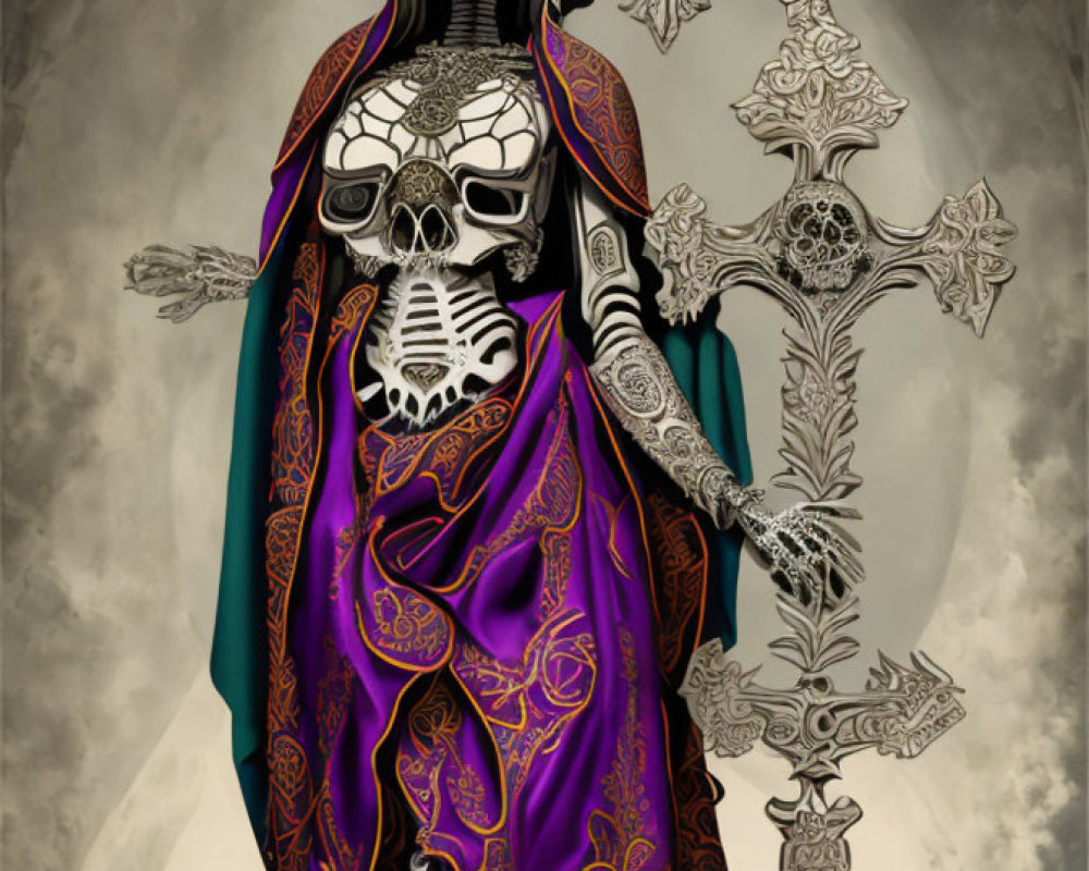 Skeleton in Purple and Black Cloak with Scythe on Misty Background