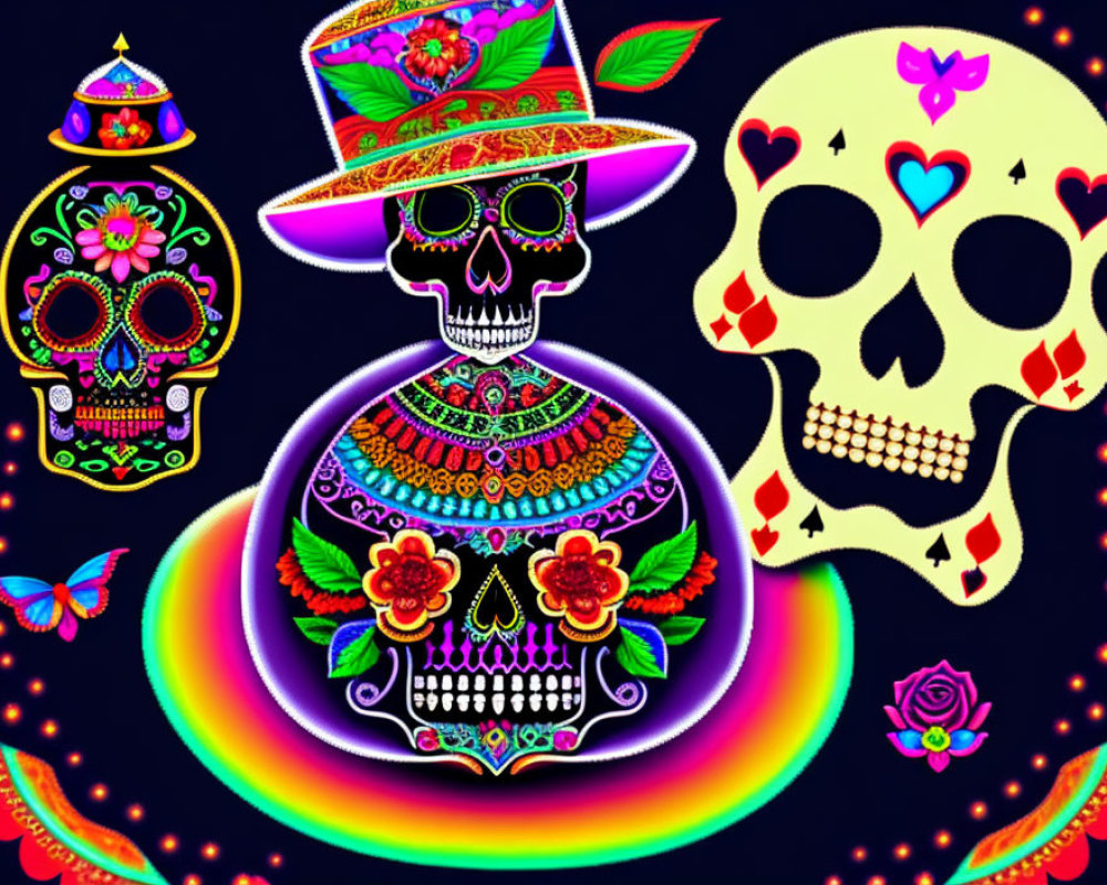 Colorful digital art featuring decorated skulls with floral patterns, butterflies, roses, and a hat-wearing