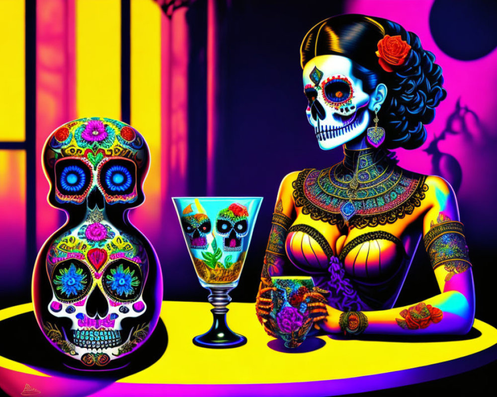 Colorful artwork of woman with Day of the Dead makeup holding skull and cup