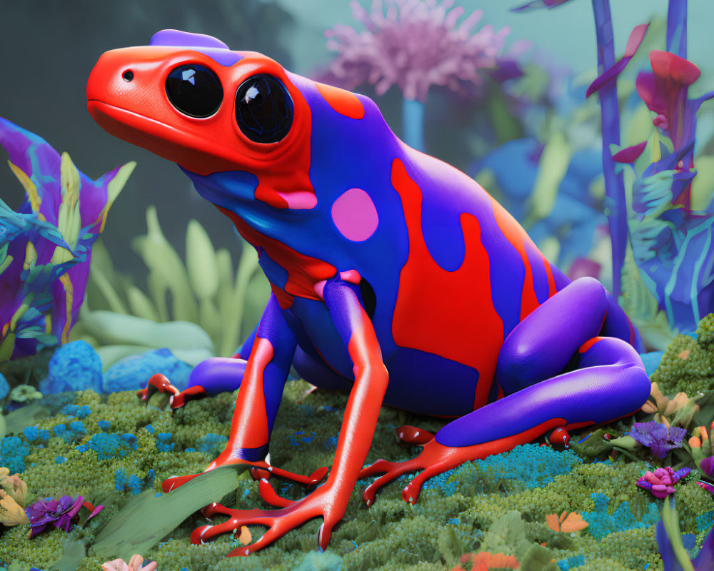 Colorful Digital Art: Red Frog in Fantasy Environment
