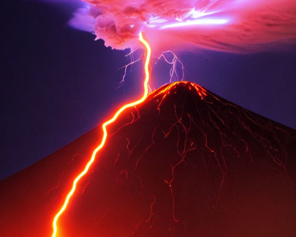 Vibrant lava flows and lightning in dramatic volcanic eruption