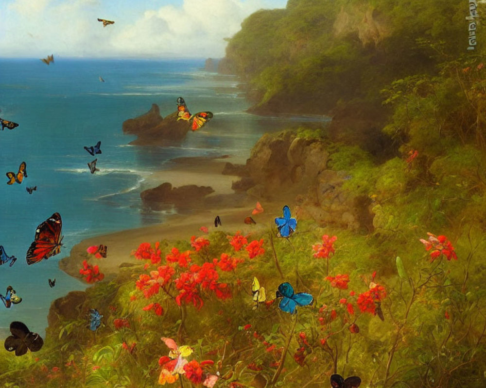 Colorful coastal painting with flowers, butterflies, and serene waters.