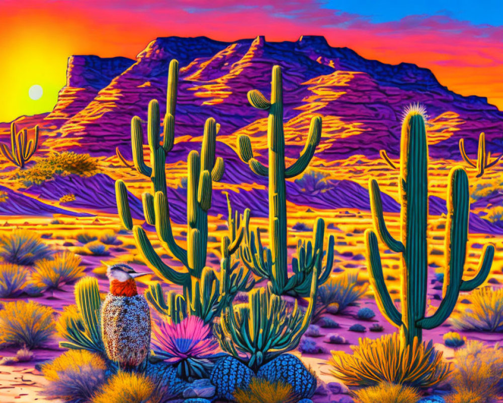 Colorful Desert Sunset with Cacti, Mountains, and Rich Sky