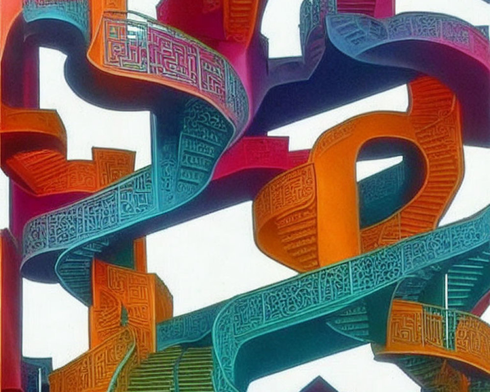 Colorful digitally altered image of interwoven staircases with intricate patterns