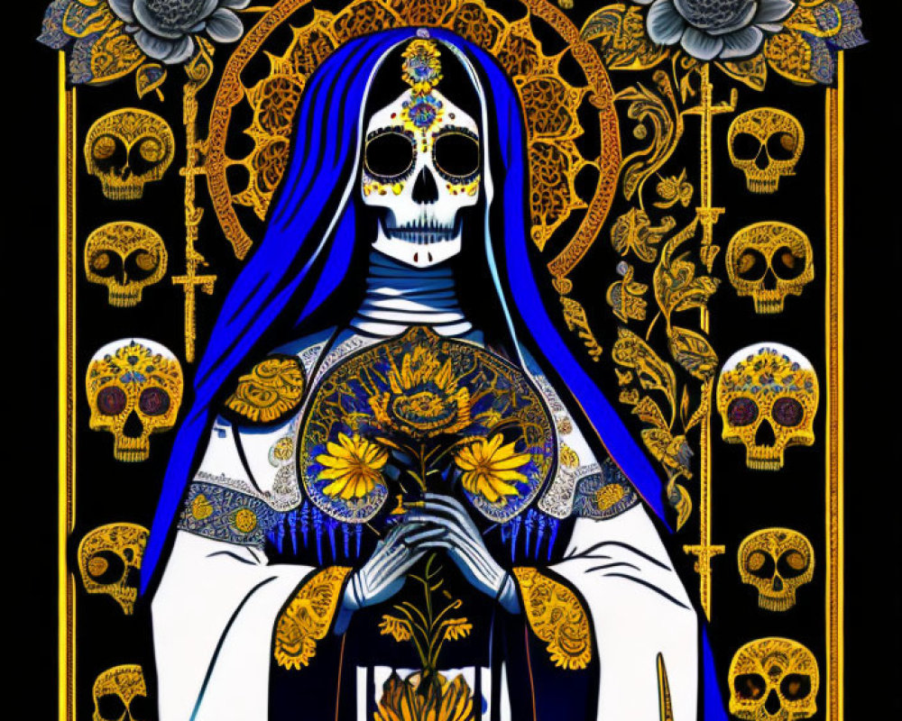 Skeletal figure in robes with halo and flowers among skulls