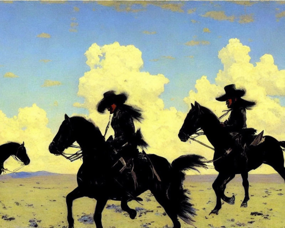 Cowboys on Horseback Galloping Across Prairie Under Cloudy Sky