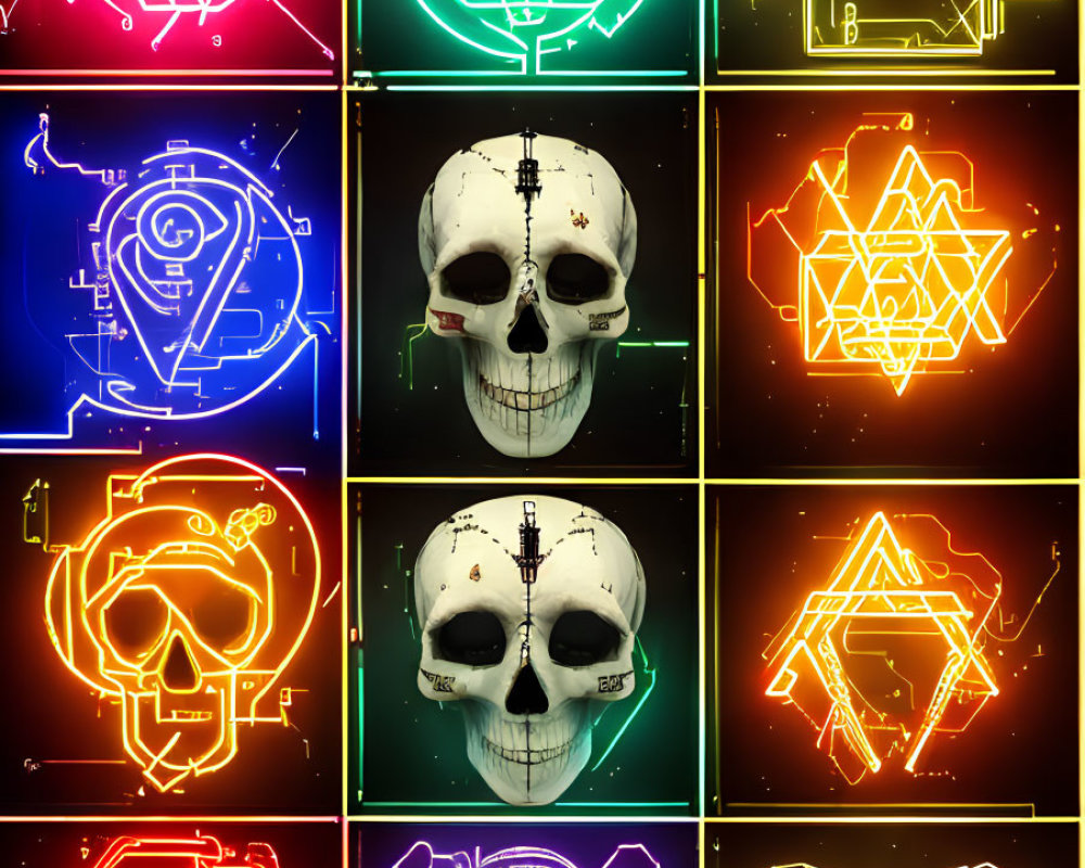 Assorted neon sign designs on dark background with geometric shapes and stylized skulls in vibrant colors