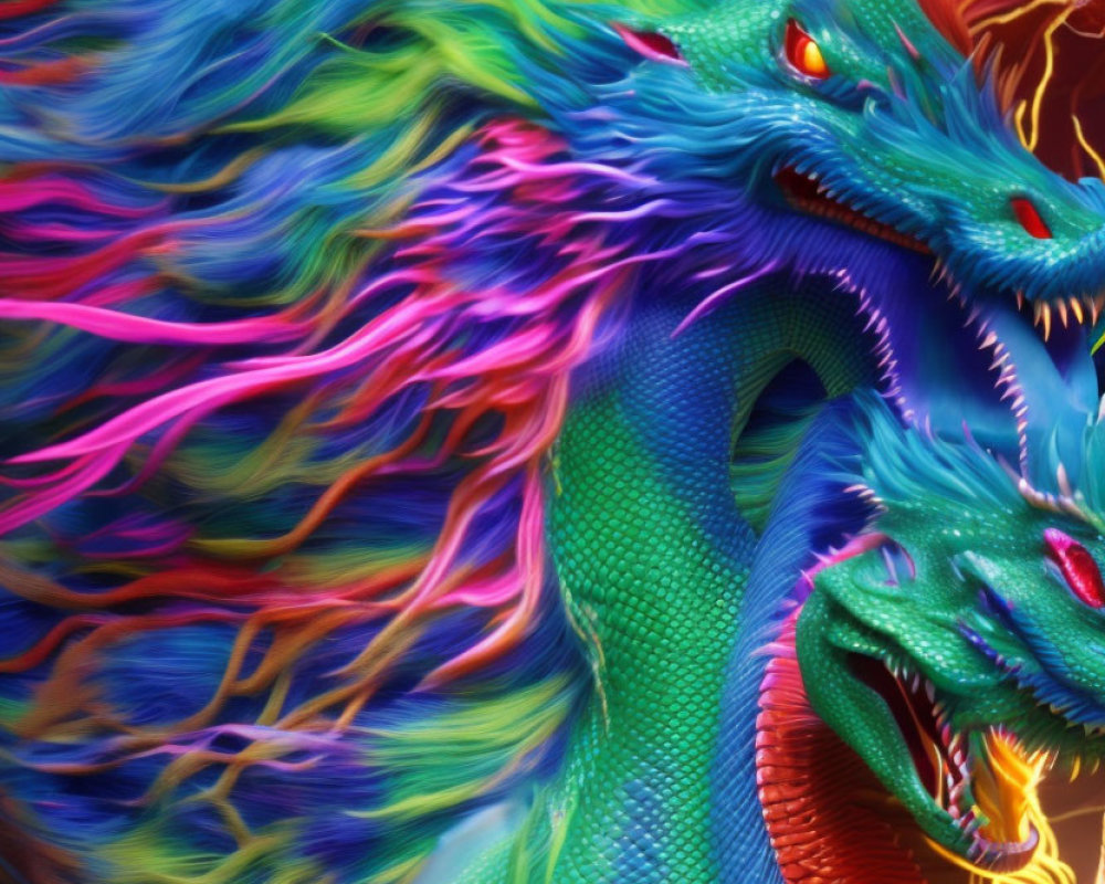 Colorful Dragons Artwork: Vibrant digital depiction of two dragons with intricate scales and flaming manes