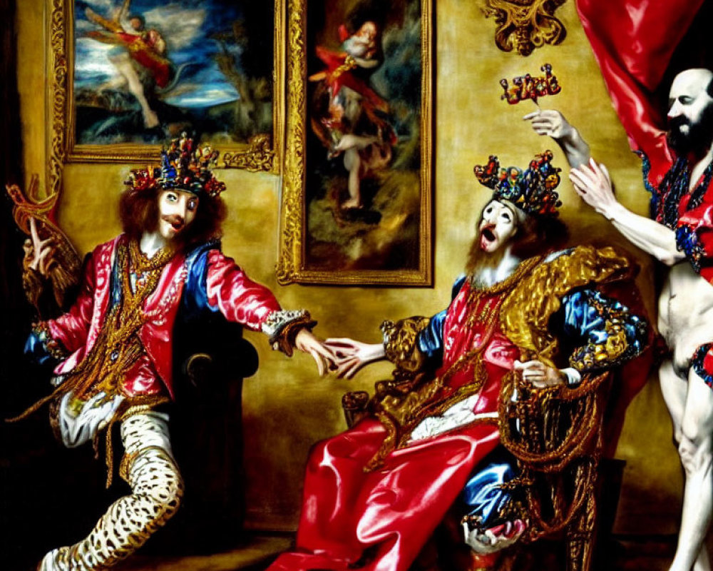 Elaborately dressed jesters in room with red curtains, paintings, and skeleton