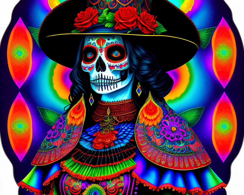 Colorful Skeleton in Mexican Attire with Floral and Flame Motifs