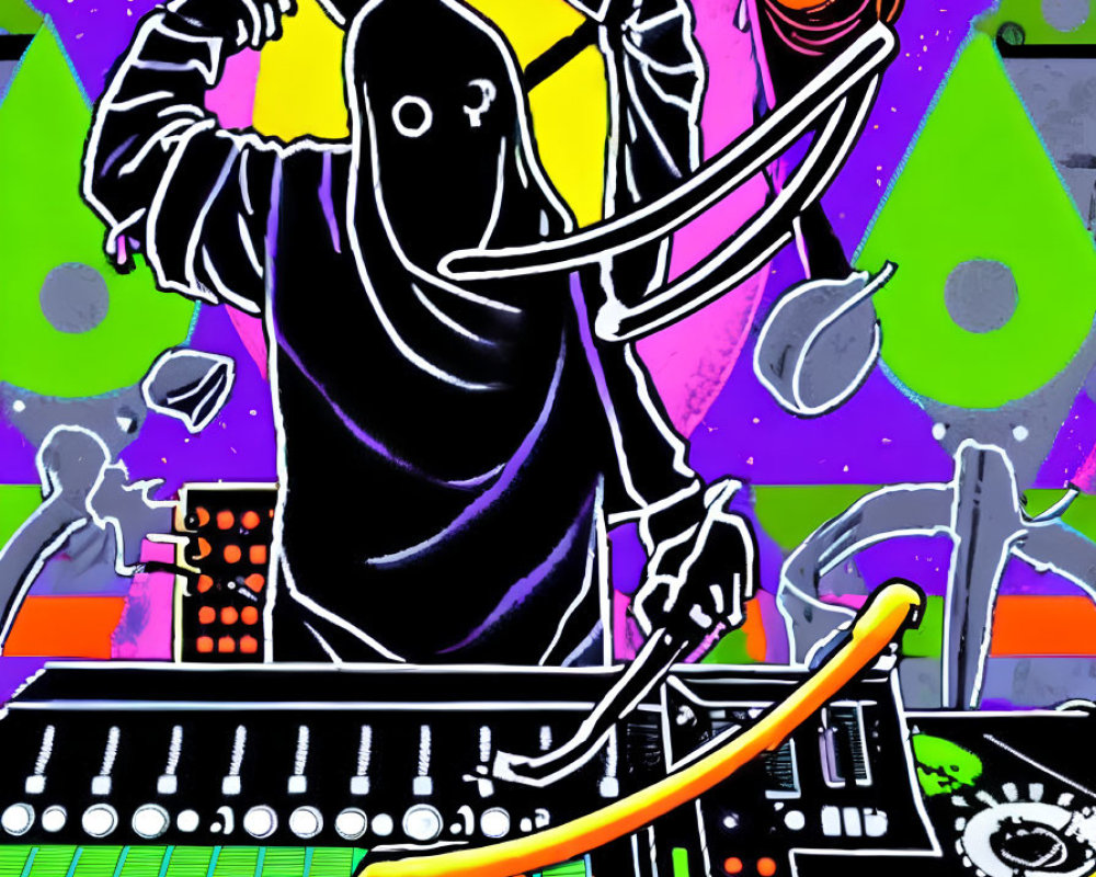 Colorful Hooded Figure DJing with Vinyl Records and Mixing Console Under Starry Night Sky