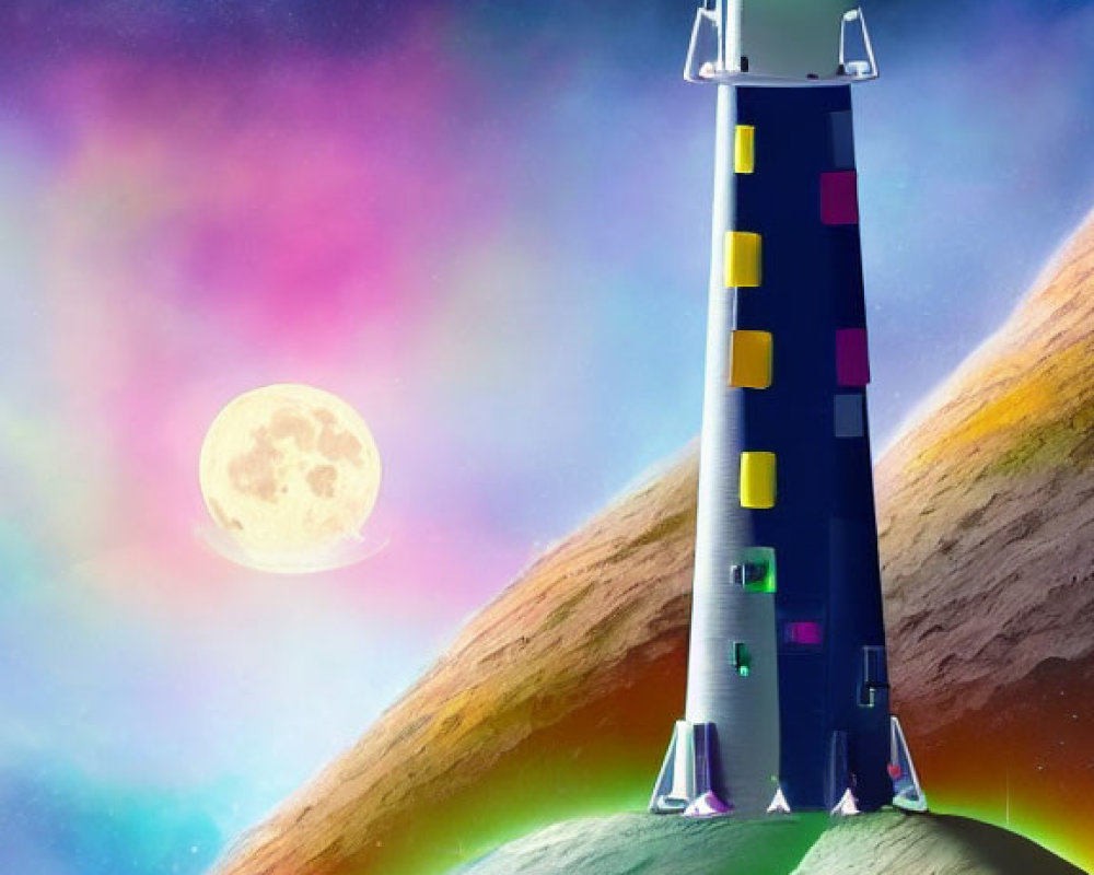 Vibrant lighthouse illustration on rocky alien terrain with UFO, planets, and colorful sky