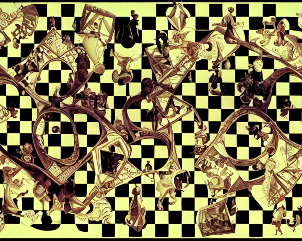 Intricate artwork with human figures, instruments, and animals on checkerboard background