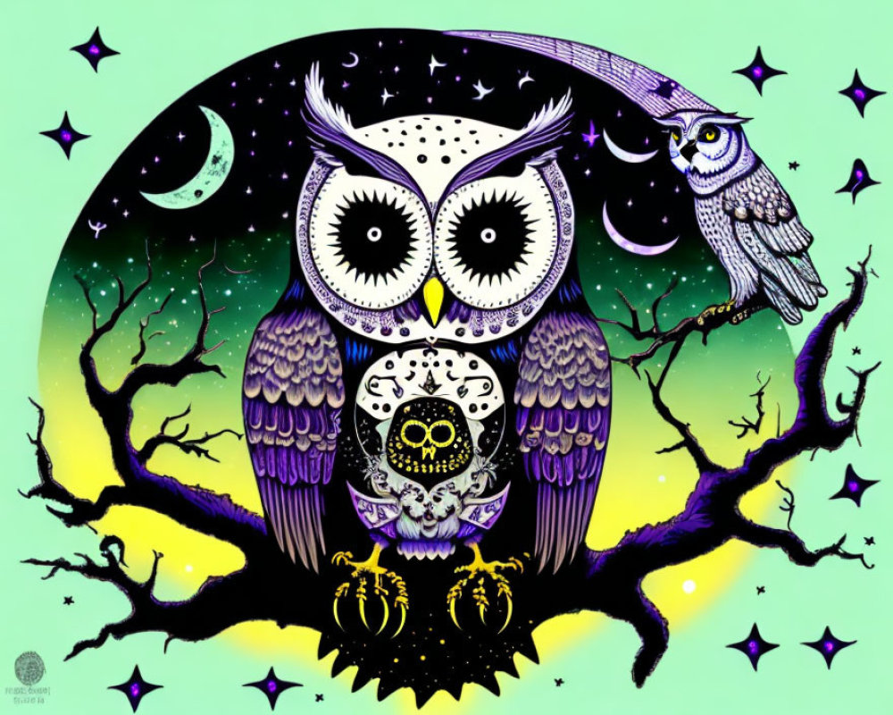 Colorful Owl Artwork with Skull Design on Branch at Night