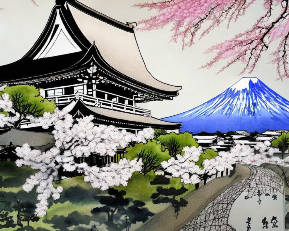 Japanese Artwork: Temple, Cherry Blossoms, Path, Mount Fuji