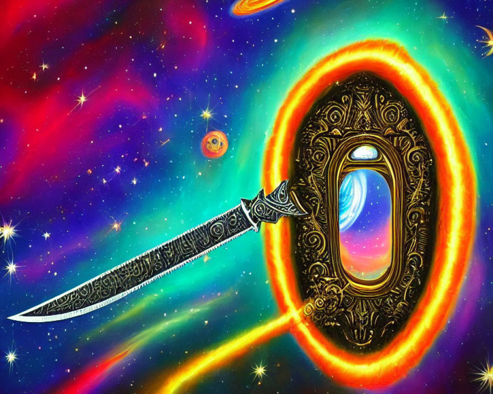 Decorated sword and mirror in colorful cosmic scene
