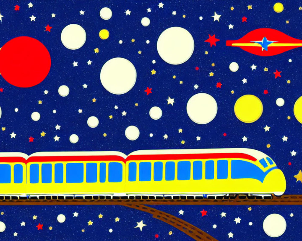Colorful futuristic train on winding track in space with planets and red spaceship