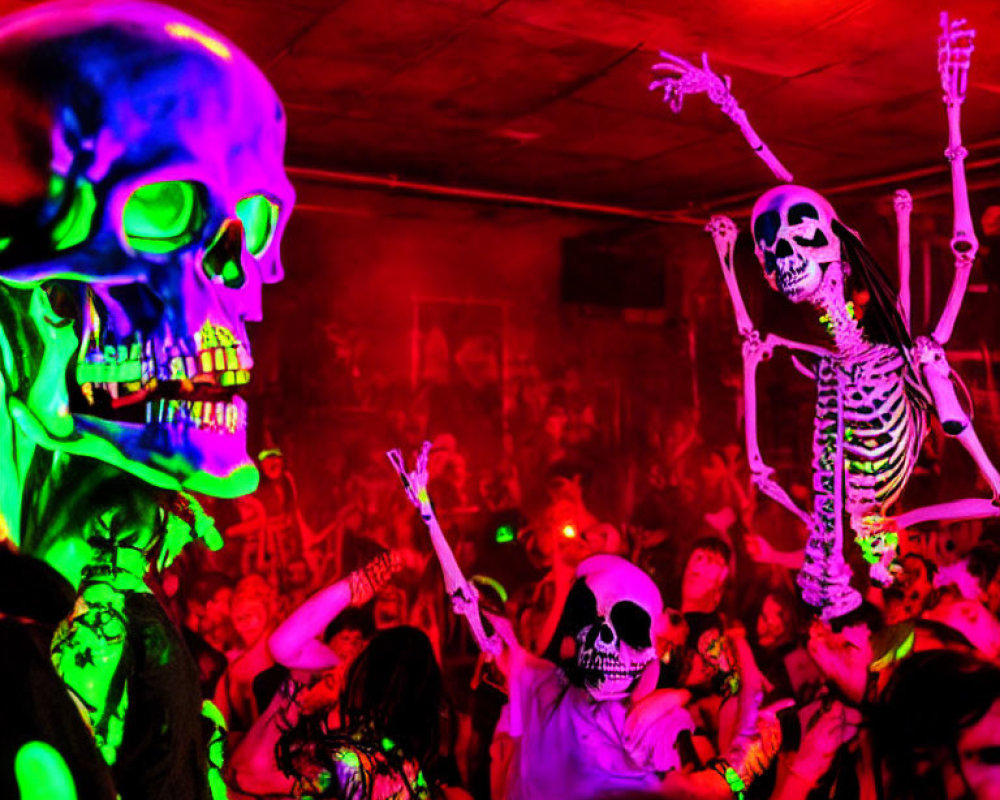 Colorful Skeleton Costume Party in Energetic Lighting