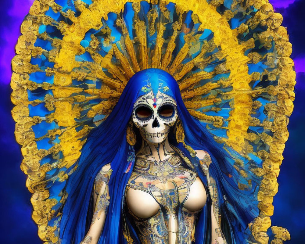 Skull-faced figure with blue hair and golden halo on purple background