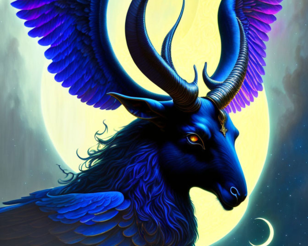 Blue Winged Goat with Golden Horn in Celestial Setting