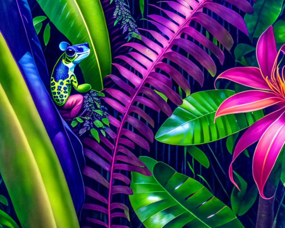 Colorful frog on leaf in lush tropical setting with purple and green foliage.