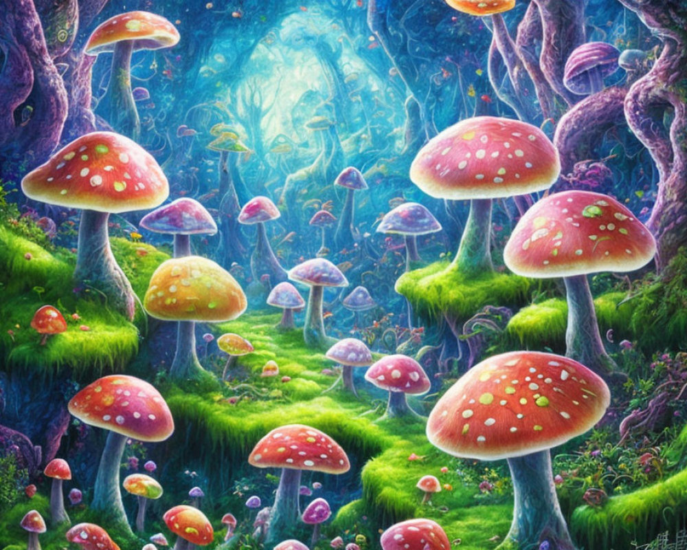 Colorful Mushroom Forest in Enchanting Setting
