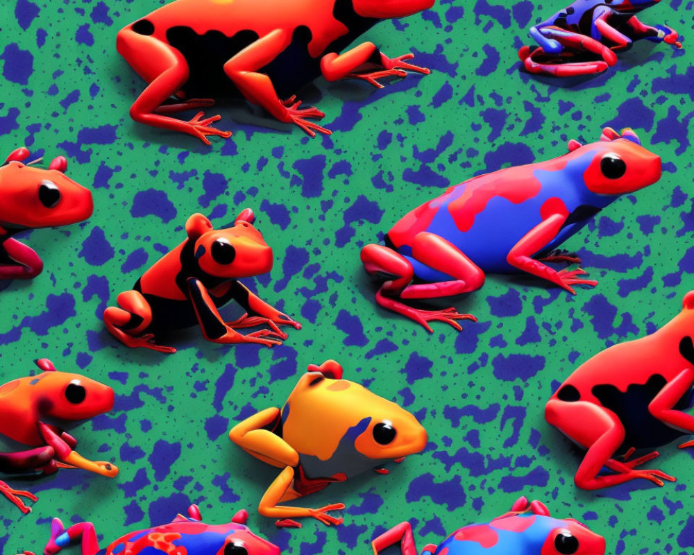Colorful Stylized Frogs Pattern on Green Background with Spots